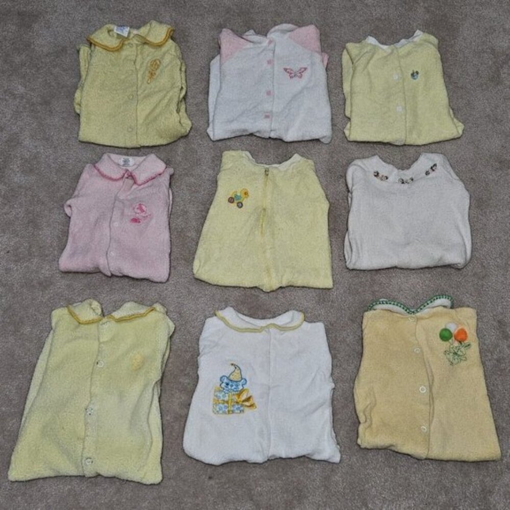 9 VTG Terrycloth Footie Pajama Lot Baby Newborn 0-3 Month Yellow Pink White READ